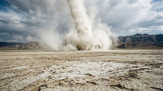 Sudden powerful dust devil picking up massive whirlwind vortex of sand on dried lake bed