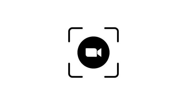 A dynamic animation of a video camera icon within a square frame with a glowing green scanning line on a white background, representing recording or scanning action.
