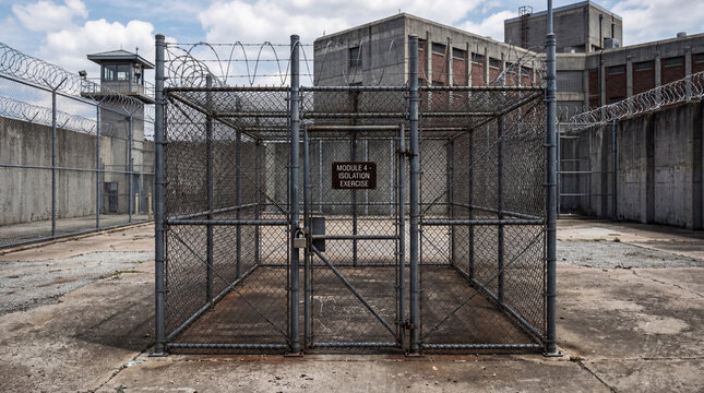 Empty caged in individual exercise module located within a larger concrete high security prison yard