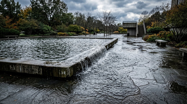 Reflecting pool spillover at a generic public park plaza with an overflowing urban concrete structure