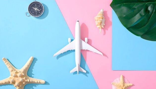 flat lay minimal summer vacation concept with airplane model and tropical beach accessories, pastel split background soft pink and blue colours