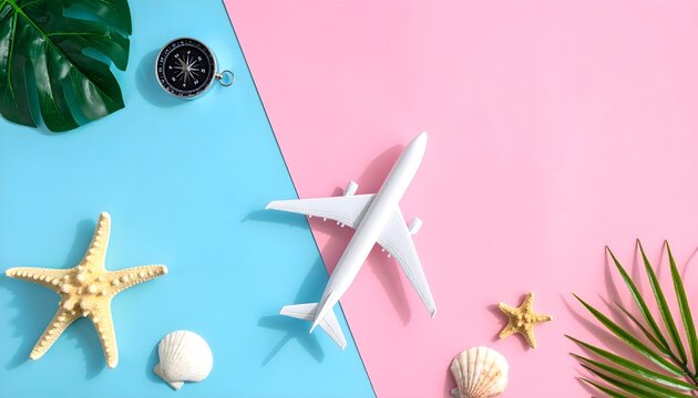 flat lay minimal summer vacation concept with airplane model and tropical beach accessories, pastel split background soft pink and blue colours