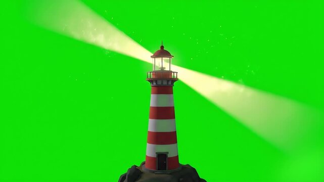 A realistic 3D animated red and white striped lighthouse emitting bright glowing light beams into the night. This atmospheric loop is isolated on a chroma key green screen background.