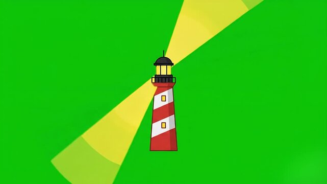 A minimalist 2D flat design red and white striped lighthouse with rotating yellow light beams. The loopable vector animation is set against a bright green screen background.