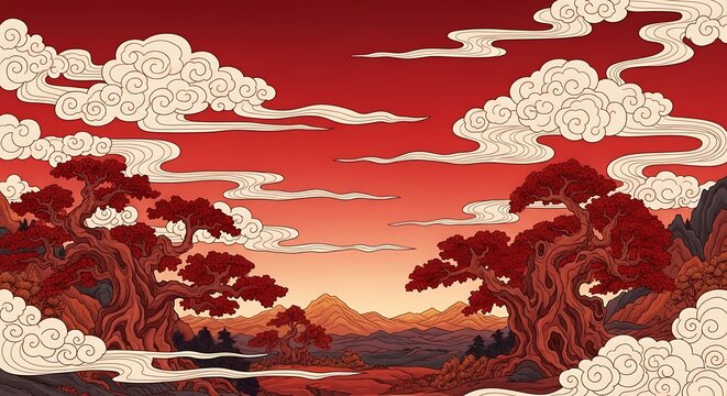 A fantasy illustration blending Japanese ukiyo e aesthetics