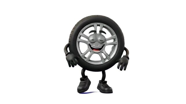 A funny 3D animated character shaped like a black rubber car tire with a smiling face and metal alloy rim standing on a white background. Designed for automotive repair shops, tire retail promos, and 