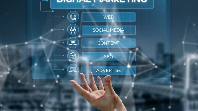 Digital marketing strategy broken down into categories: web, SEO, content, social media, and advertise. Digital tools enhance online marketing success across digital platforms. Muxer