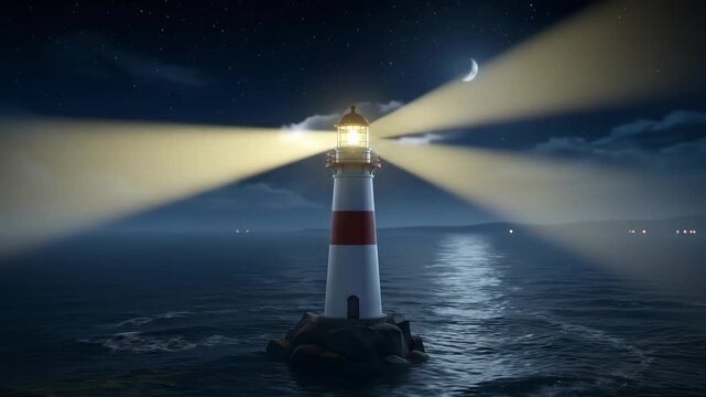 A 3D digital animation of a coastal lighthouse shining two intense beams of light across a dark ocean under a night sky with a crescent moon. Ideal for marine navigation concepts, travel intros, and a
