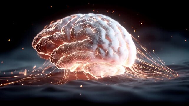Artificial intelligence. Neuron network. A vivid, highresolution digital artwork depicts a glowing, spherical object resembling a brain. The object is illuminated with a warm, fiery orange hue.