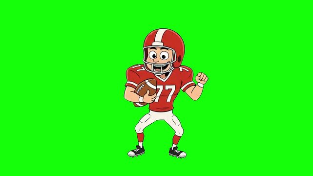 An energetic 2D animated american football player with a light skin tone, wearing a red jersey with number 77, helmet, and white pants, holds a ball and dances happily. This pre-keyed moving asset is 