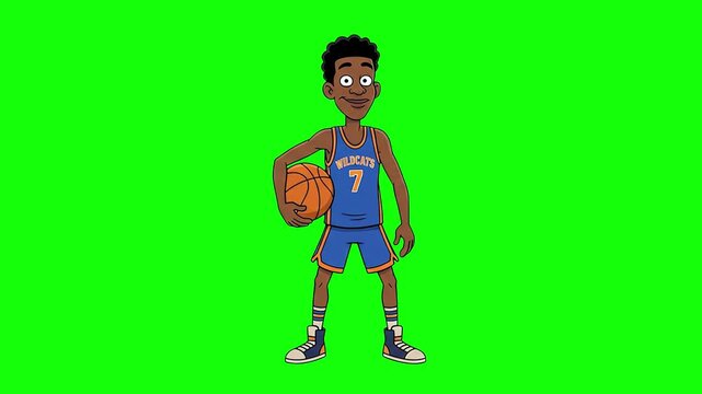 A 2D flat animation of a young male basketball player in a blue uniform holding a basketball under his arm against a chroma key green screen. Perfect for sports promos, youth athletic content, and car