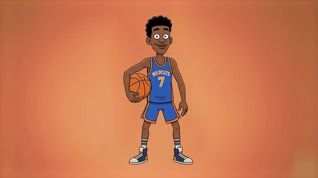 A lively 2D animated sportsman character with a dark skin tone, wearing a blue basketball uniform and sneakers, poses with a ball and dances enthusiastically against a warm orange studio backdrop. Exc