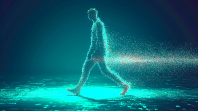 Glowing teal particle human walking on digital surface / AI technology