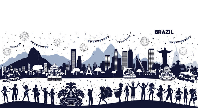 Brazil Carnival celebration with people dancing and skyline silhouette.
