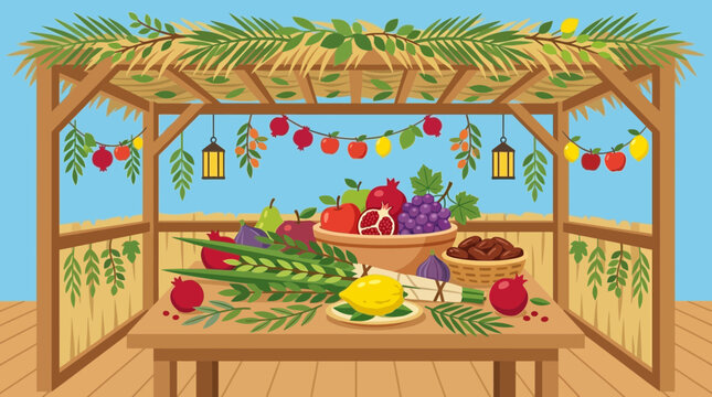 Decorated Sukkah booth with traditional holiday fruit and palm branches.
