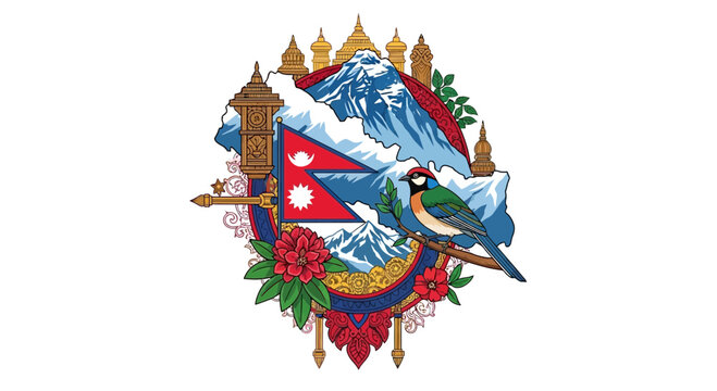 Decorative illustration featuring Nepal national symbols and mountain landscape.