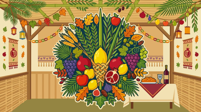 Colorful Sukkot Lulav and Etrog bouquet with harvest fruits.