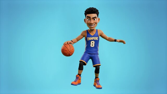 A cheerful 3D animated black male basketball player, wearing a blue jersey, poses while dribbling a basketball in a soft blue studio environment. This loopable animation features a charismatic charact