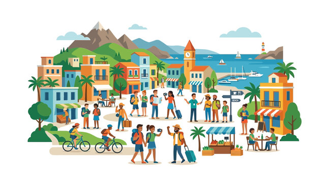 Diverse group of tourists and travelers exploring a sunny coastal Mediterranean town.