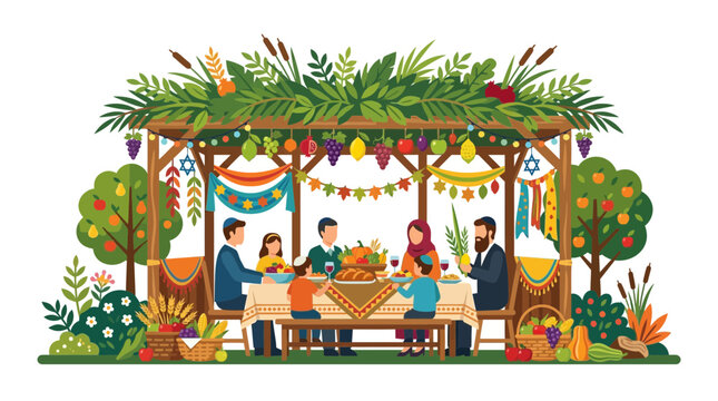Jewish family sitting together in a sukkah celebrating the Sukkot holiday.