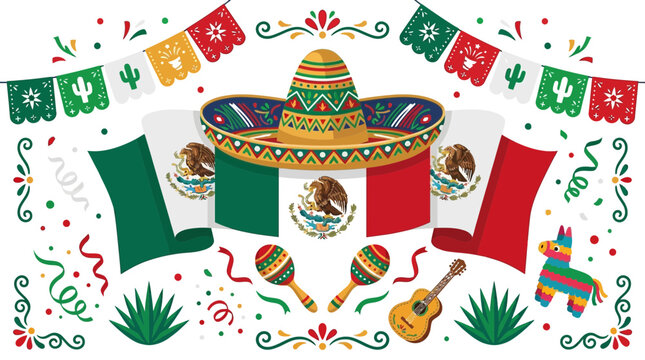 Mexican fiesta celebration elements with sombrero and flag.