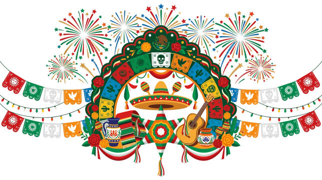 Mexican fiesta celebration elements with sombrero and guitar.
