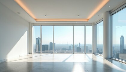 Fototapeta premium Empty modern apartment interior with large windows overlooking cityscape. Bright open living space with minimalist decor and city views. High ceiling space ready for furnishing. New luxury home.