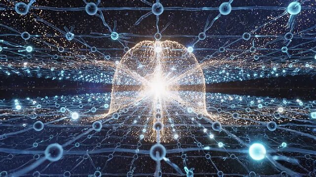 Animazione 3D di rete neurale e connessioni digitali in ambiente oscuro di fantasia
