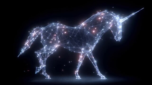 Space universe exploration, fantasy, mysterious. A digital artwork depicts a majestic unicorn, rendered in a lowpoly style using a combination of white, blue, and pink colors.