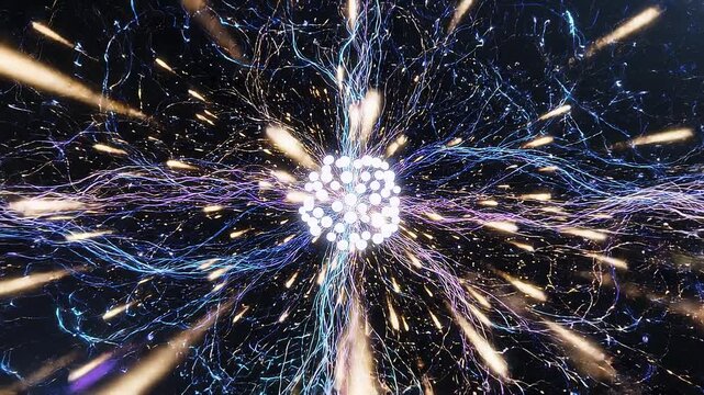 Animazione 3D di rete neurale e connessioni digitali con sfumature multicolore in ambiente scuro di fantasia