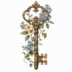 Obraz premium Vintage ornate skeleton key decorated with forget me not flowers