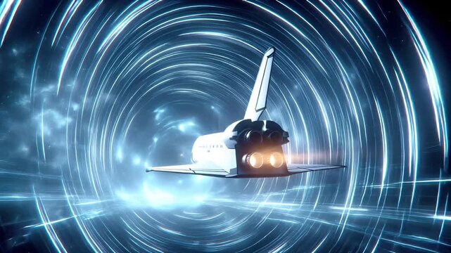 Space universe exploration, fantasy, mysterious. A vivid digital artwork depicts a futuristic space scene. A sleek, white space shuttle, with a pointed nose and two large, circular windows.