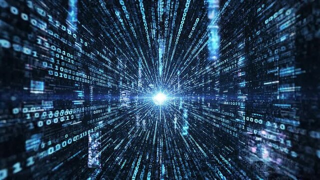 Animazione 3D di sfondo tecnologico con flussi di dati in un loop infinito, in uno spazio oscuro di fantasia