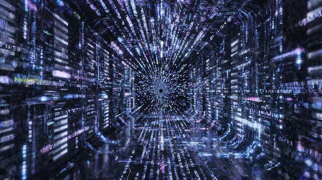 Animazione 3D di sfondo tecnologico con flussi di dati in un loop infinito, in uno spazio oscuro di fantasia