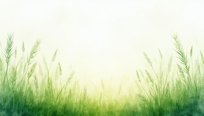 Fototapeta premium Green wild grass grows softly in hazy sunlit field. Abstract nature background shows delicate plant stems reaching upward. Peaceful meadow illustration suitable for eco themes.