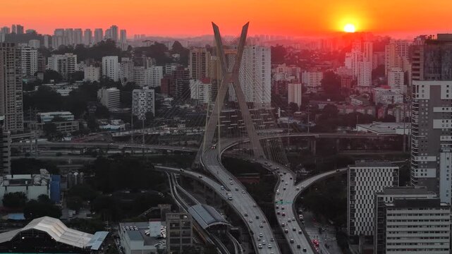 Aerial view during sunset  of Oct&aacute;vio Frias de Oliveira Bridge, the cable-stayed bridge over Marginal Pinheiros in S&atilde;o Paulo