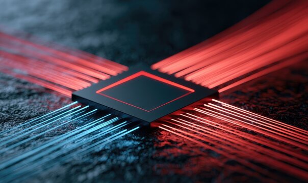 Futuristic Microchip Processor with Glowing Data Streams.