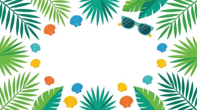 Flat vector summer background featuring green tropical palm leaves, colorful seashells in orange, yellow and blue, and teal sunglasses arranged as a border around a white copy space.