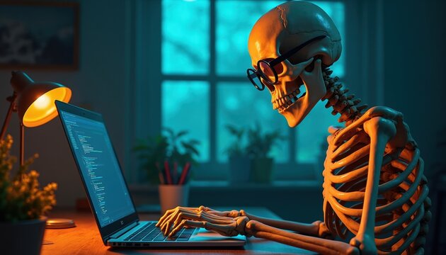 Skeleton in glasses types on laptop at desk at night. Desk lamp illuminates workspace. Programmer works late, coding on computer. Cyberpunk atmosphere, dark room.