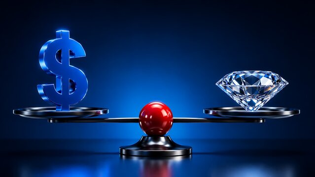 Blue dollar sign balanced with diamond on metal scale with red ball  business concept of wealth and value