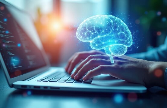 Person types on laptop with glowing human brain hologram above. Digital mind and artificial intelligence concept. Computer coding and data analysis.