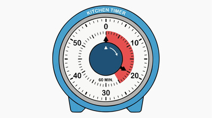 Naklejka premium Kitchen Timer on White Background: A close-up view of a classic mechanical kitchen timer with a blue frame and a white face, highlighting the countdown dial and hand.