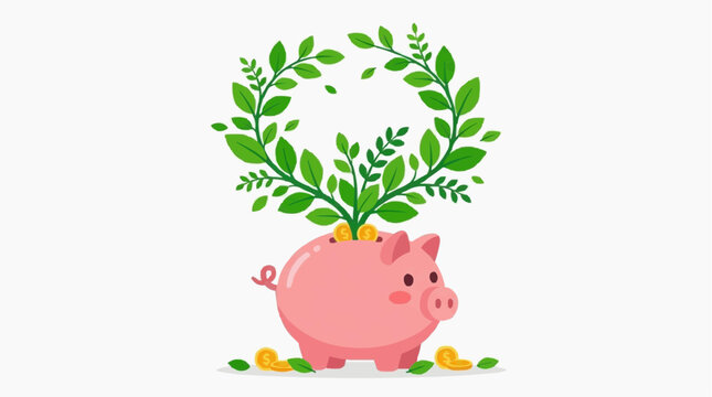 Uma ilustra&ccedil;&atilde;o vetorial de um cofrinho porquinho rosa de desenho animado com uma &aacute;rvore de folhas verdes ideal para finan&ccedil;as, poupan&ccedil;a de dinheiro e investimento