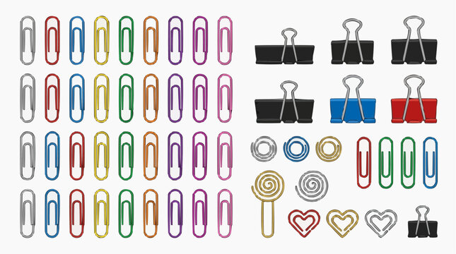 Stationery Collection: A vibrant assortment of paper clips, binder clips, and decorative clips in various colors and shapes, neatly arranged for organization and creative use.