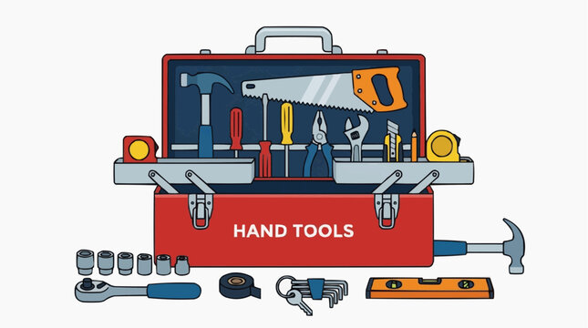 Toolbox Full of Tools: A bright red toolbox brimming with an assortment of essential hand tools, ready for any repair or construction task. Includes hammer, saw, pliers, screwdrivers.