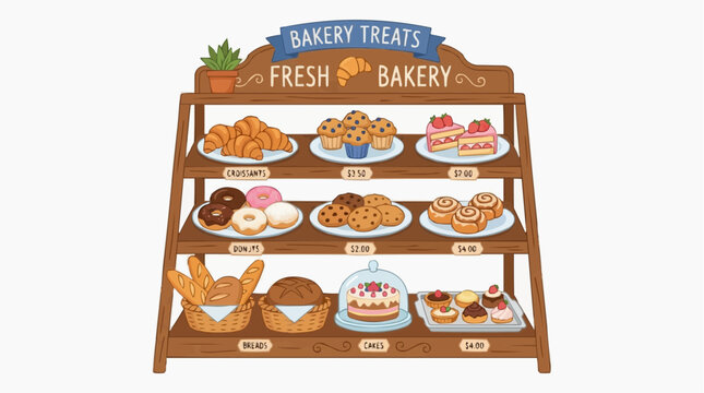 Artisanal Bakery Display: A charming wooden stand showcasing a delectable assortment of freshly baked goods, from flaky croissants and donuts to cinnamon rolls and cakes.