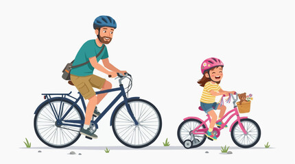 Fototapeta premium Father and Daughter Cycling Together: A joyful father and his young daughter enjoy a scenic bike ride, sharing a bonding moment on a sunny day, pedaling side-by-side through a peaceful park setting.