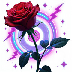 Obraz premium Red rose with water droplets has neon circles and lightning bolts. Floral illustration for beauty, love, or passion themes. Design elements offer vibrant contrast on white.