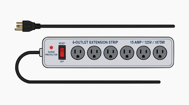 Electrical Extension Cord and Strip: A six-outlet electrical extension strip with a surge protection switch and a power cord, ready to power multiple devices, indicating readiness for use.
