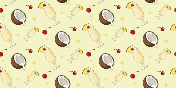 Hand drawn pina colada cocktail seamless pattern with tropical coconut, cherries and stars on cream background